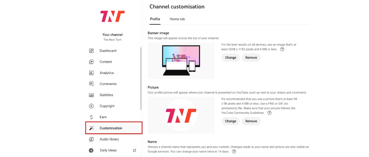 Customization option for your new channel