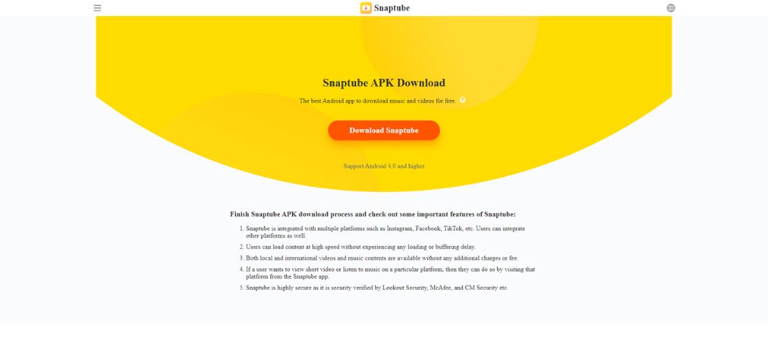Download page of Snaptube android application