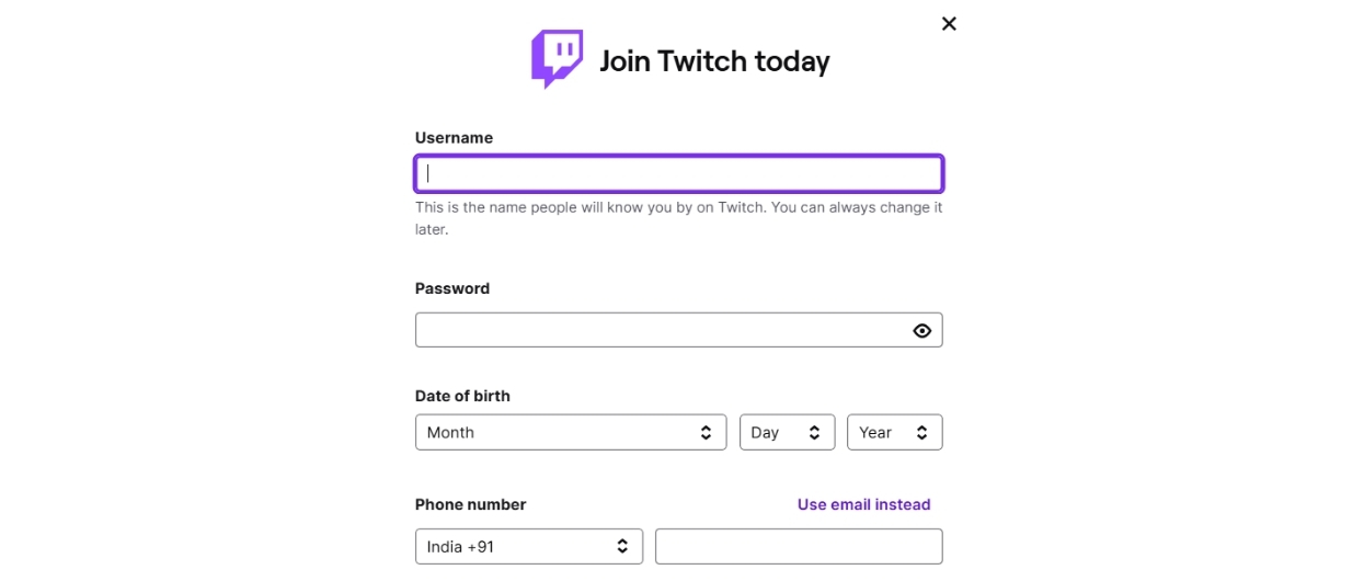 fill form how to stream on twitch