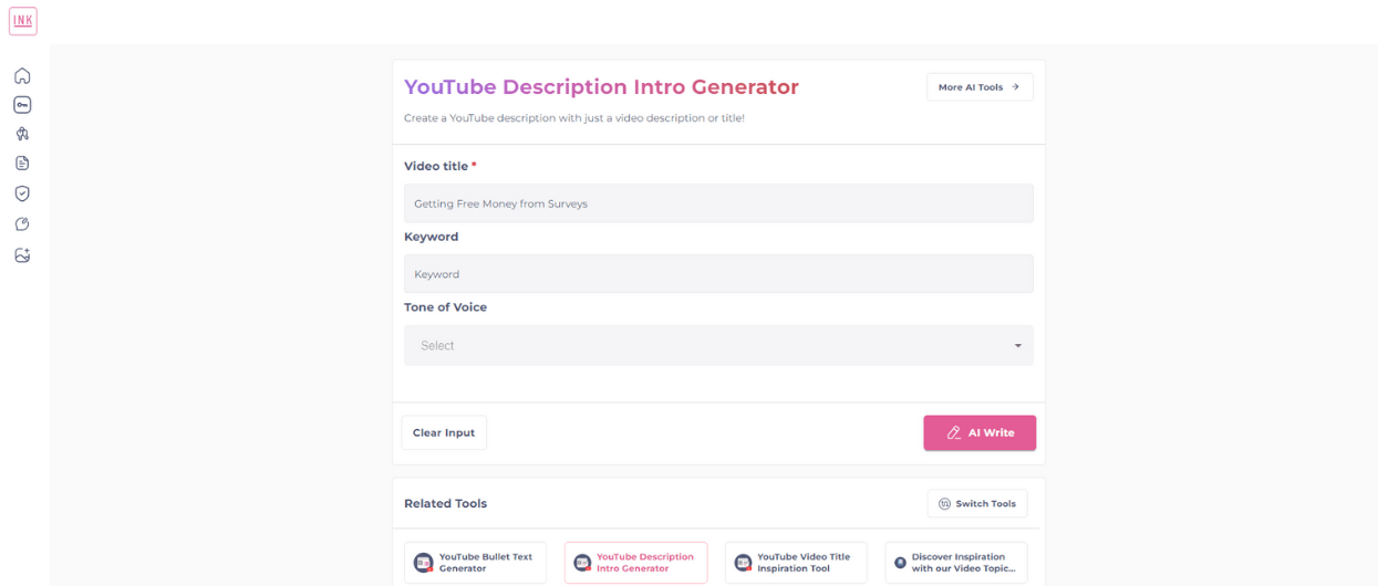 Ink AI youtube description generator