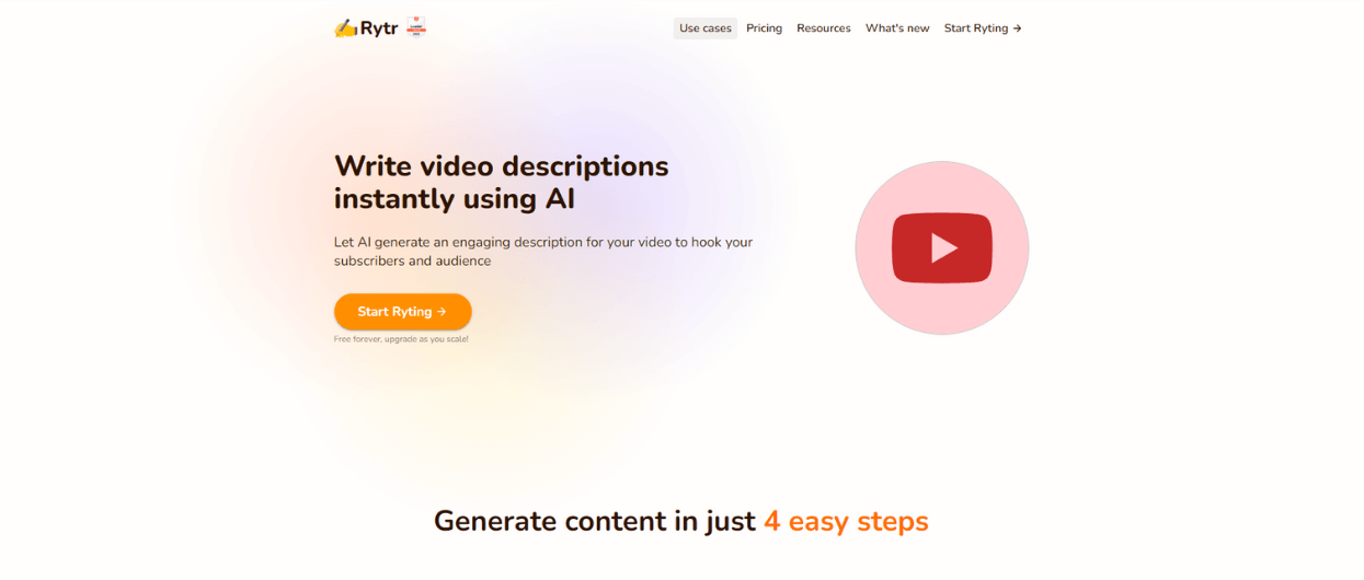 Rytr for youtube video description tool