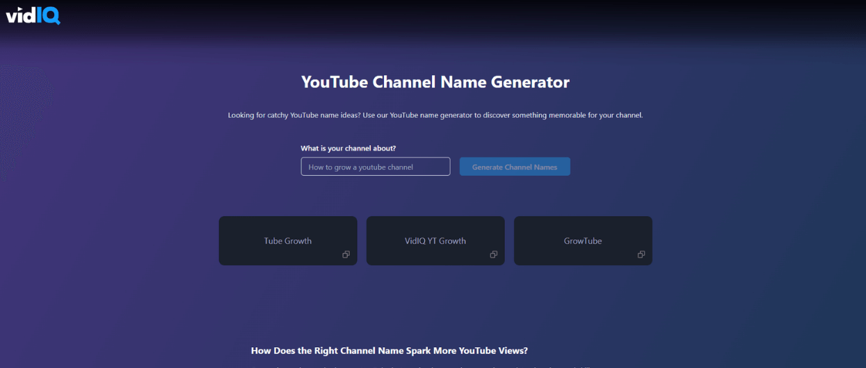 vidIQ youtube channel name generator